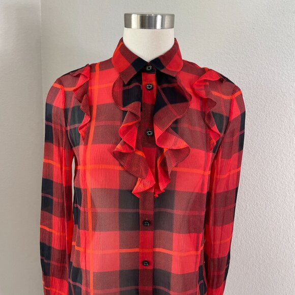 Kate Spade Womens 4 Ruffle Woodland Red Black Plaid Chiffon Blouse 100% Silk Top - Picture 4 of 12